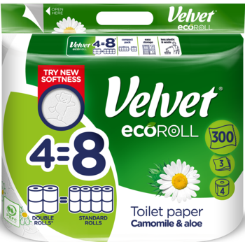 Velvet ecoROLL papier toaletowy Rumianek & Aloes w pionowym zielono-białym opakowaniu, 4 podwójne rolki zastępują 8.