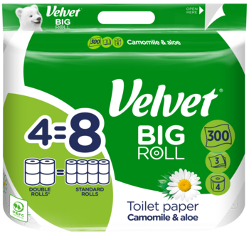 Velvet ecoROLL papier toaletowy 4=8 rolek, rumianek i aloes, zielono-białe opakowanie, widok z przodu.