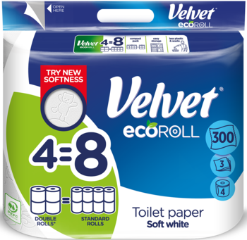 Opakowanie papieru toaletowego Velvet ecoROLL, 4 podwójne rolki odpowiadające 8 standardowym, Soft white, przód.