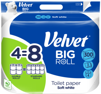 Opakowanie papieru Velvet BIG ROLL, 4 podwójne rolki = 8 standardowych, 3-warstwowy, miękki biały, z misiem.