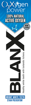 BlanX O3X pasta wybielająca z O3Xygen power. Białe opakowanie z niebieskim tłem, logo i porostami arktycznymi.