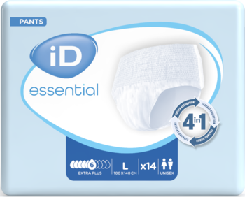 Opakowanie iD essential Pants, majtek chłonnych L dla inkontynencji, 14 sztuk, na jasnoniebieskim tle.