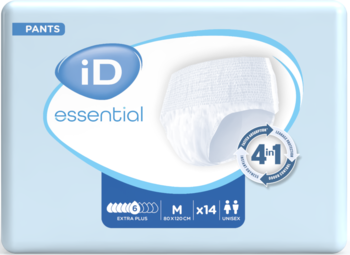 iD Essential Pants Extra Plus, majtki chłonne M x14. Jasnoniebieskie opakowanie z modelem pieluchomajtek unisex.