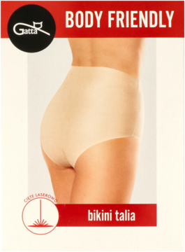Beżowe majtki Gatta Body Friendly Bikini Talia na modelce, widok z boku. Prezentują wysoki stan.