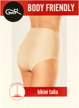 Beżowe, bezszwowe majtki Gatta Friendly Bikini Talia na modelce z tyłu, podkreślają gładką, naturalną sylwetkę.