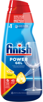 Finish Power Gel Lemon, żel do zmywarki w niebieskiej butelce, z przodu kieliszek, cytryna, na 45 zmywań.