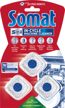 Somat 5in1 In-Cycle Machine Cleaner, czerwono-niebieskie opakowanie z trzema biało-niebieskimi tabletkami, widok z przodu.