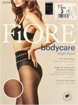 Czarne rajstopy Fiore Bodycare High Point 20 DEN modelujące brzuch, widoczne na beżowym opakowaniu z modelką.