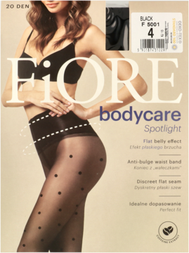 Czarno-beżowe opakowanie rajstop Fiore Spotlight 20 DEN w kropki, korygujących brzuch, z modelką.