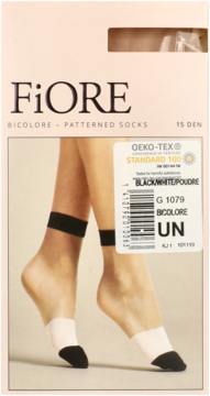 Opakowanie FiORE Bicolore patterned socks 15 DEN, z grafiką nóg w czarno-biało-pudrowych skarpetkach z paskiem na kostce.