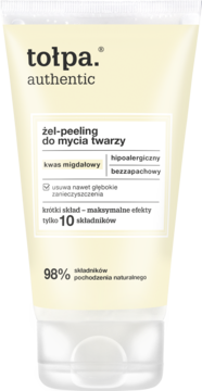 Jasna tubka Tołpa żel-peeling do mycia twarzy z kwasem migdałowym, bezzapachowy, widok z przodu.