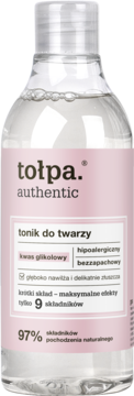 Tołpa Authentic, bezzapachowy tonik do twarzy z kwasem glikolowym. Przezroczysta butelka z różową etykietą.