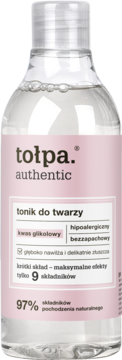 Tołpa Authentic tonik do twarzy z kwasem glikolowym, w przezroczystej butelce z różowo-białą etykietą, widok z przodu.