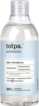 tołpa. authentic płyn micelarny z niacynamidem, hipoalergiczny. Jasna butelka z błękitną etykietą, przód.
