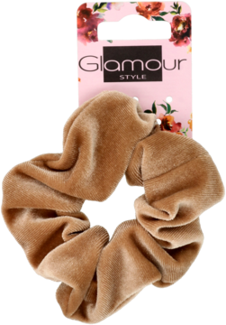 Beżowa welurowa zawijka do włosów z widoczną różową metką Glamour Style, ujęcie z przodu.