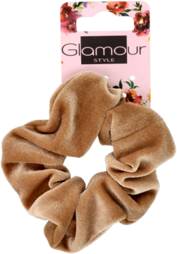 Beżowa welurowa zawijka do włosów z widoczną różową metką Glamour Style, ujęcie z przodu.