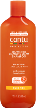 Pomarańczowy szampon Cantu Shea Butter Cleansing Cream, widok z przodu, z napisem „Sulfate-Free” i „For Natural Curls”.