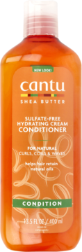 Pomarańczowa butelka Cantu Shea Butter Sulfate-Free Hydrating Conditioner do loków, widok z przodu.