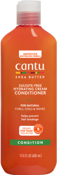 Cantu Shea Butter Sulfate-Free Hydrating Conditioner, pomarańczowa butelka 400ml, widok z przodu na etykietę.