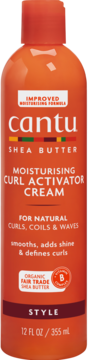 Cantu Shea Butter Moisturising Curl Activator Cream, pomarańczowa butelka z białym napisem, widok z przodu, 355ml.