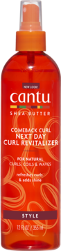 Cantu Shea Butter Comeback Curl Revitalizer w pomarańczowej butelce ze spryskiwaczem, widok z przodu.