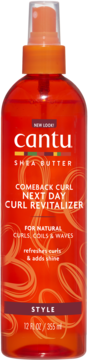 Cantu Shea Butter Comeback Curl Next Day Curl Revitalizer w pomarańczowej butelce, widok z przodu.