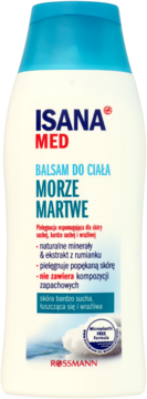 Isana Med balsam do ciała Morze Martwe, biała butelka z niebieskim korkiem, dla skóry suchej.