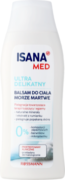 Isana Med Ultra Delikatny balsam do ciała Morze Martwe. Biała, konturowana butelka, widok z przodu, Rossmann.