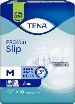 Niebiesko-białe opakowanie TENA PROskin Slip M PLUS, pieluchomajtki chłonne x10, z grafiką pieluchy, widok z przodu.