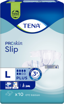 Pieluchomajtki TENA Slip ProSkin Plus L dla dorosłych, 10 sztuk, opakowanie biało-niebieskie, widok z przodu.