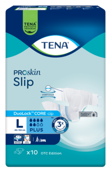 TENA ProSkin Slip Plus L x10, chłonne pieluchomajtki dla dorosłych, niebieskie opakowanie, widok z przodu.