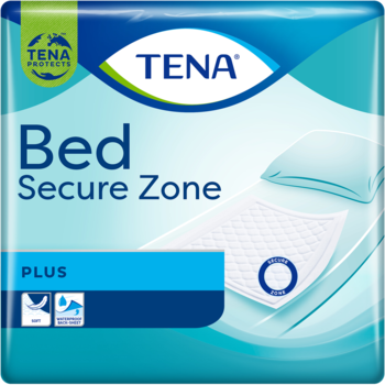 Niebiesko-białe opakowanie podkładów Tena Bed Secure Zone Plus, z ilustracją łóżka i wkładu chłonnego.
