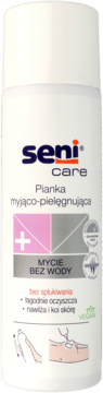 Biała puszka Seni Care Pianka myjąco-pielęgnująca, front, z napisem MYCIE BEZ WODY i ilustracjami.