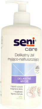 Biała butelka z pompką Seni Care, delikatny kremowy żel do mycia, niebiesko-fioletowa etykieta, widok z przodu.