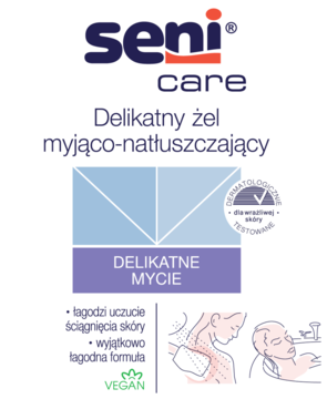 Seni Care delikatny żel myjąco-natłuszczający, biało-niebieskie opakowanie z fioletowym akcentem, widok z przodu.