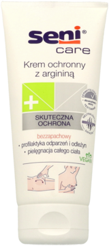 Seni Care ochronny krem z argininą w białej tubie z zielonymi detalami i grafikami, widok z przodu.
