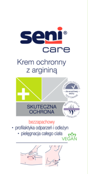 Białe opakowanie kremu ochronnego Seni Care z argininą, widok z przodu, zapobiega odparzeniom i odleżynom.