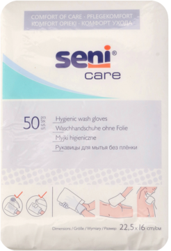 Białe opakowanie Seni Care 50 rękawic higienicznych do mycia, z niebieskim paskiem i piktogramami użycia.