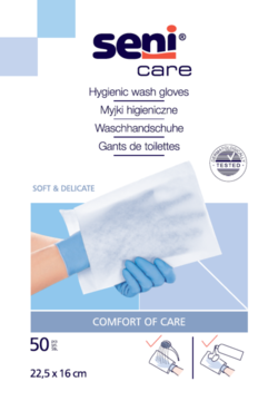 Opakowanie Seni Care Myjki higieniczne 50 szt., biało-niebieskie, ręka w rękawiczce trzyma myjkę.
