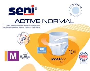 Seni Active Normal majtki chłonne M, opakowanie biało-niebiesko-pomarańczowe. Oddychające, dry-fit, premium.