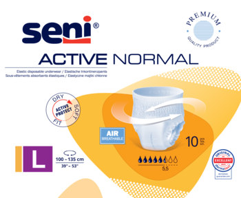 Seni Active Normal, majtki chłonne rozmiar L, dla średniego nietrzymania moczu, oddychające, w biało-niebieskim opakowaniu.