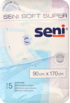 Białe opakowanie Seni Soft Super, podkłady higieniczne 90x170cm, testowane dermatologicznie, z przodu.