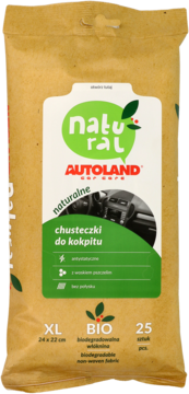 Autoland Natural chusteczki do kokpitu, brązowe opakowanie BIO z zieloną etykietą i matowym wykończeniem.