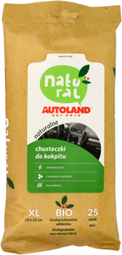 Autoland Natural chusteczki do kokpitu, brązowe opakowanie BIO z zieloną etykietą i matowym wykończeniem.