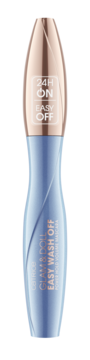 Niebieska maskara Catrice Glam & Doll Easy Wash Off, 24H, z różowozłotą nakrętką, widok z przodu.