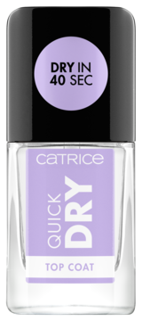 Pionowa butelka Catrice Quick Dry Top Coat, przezroczysta, z fioletową etykietą, napis 'Dry in 40 Sec' na korku.