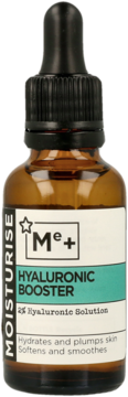 Serum do twarzy Me+ Hyaluronic Booster, 2% kwas hialuronowy. Bursztynowa butelka z kroplomierzem, widok z przodu.
