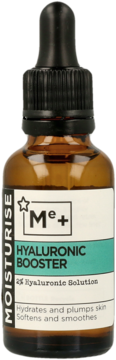 Serum do twarzy Me+ Hyaluronic Booster, 2% kwas hialuronowy. Bursztynowa butelka z kroplomierzem, widok z przodu.