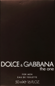 Pudełko perfum Dolce & Gabbana The One For Men 50 ml, ciemnobrązowe z białymi napisami, widok frontalny.