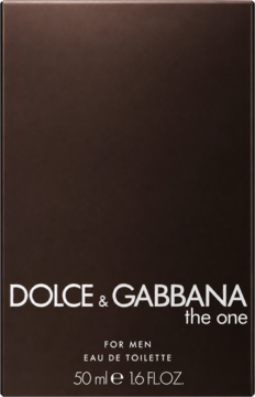Dolce & Gabbana The One for Men EDT 50 ml w ciemnobrązowym pudełku z białym i złotym napisem, widok z przodu.